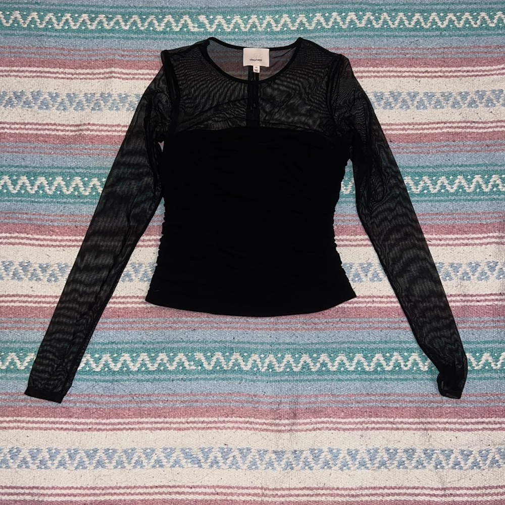 Cinq a Sept black ruched blouse with mesh sleeves